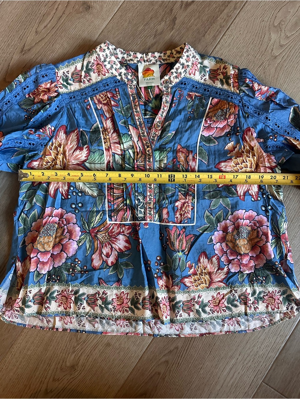 🌺 FARM Rio Wonderful Bouquet Blue Floral Long Sleeve Blouse | Size XS - Picture 13 of 16